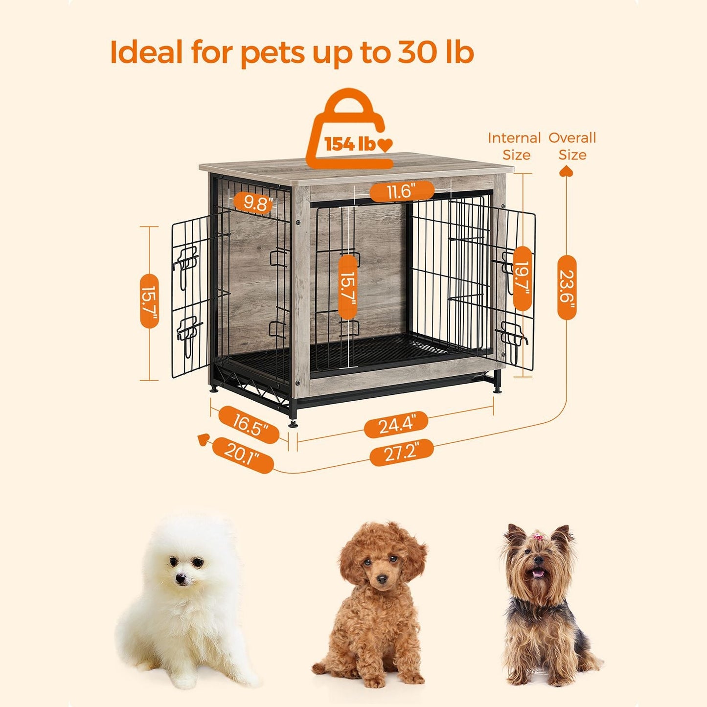 Dog Crate Furniture, Side End Table, Modern Kennel for Dogs Indoor up to 30 lb, Heavy-Duty Dog Cage with Multi-Purpose Removable Tray, Double-Door Dog House, Greige
