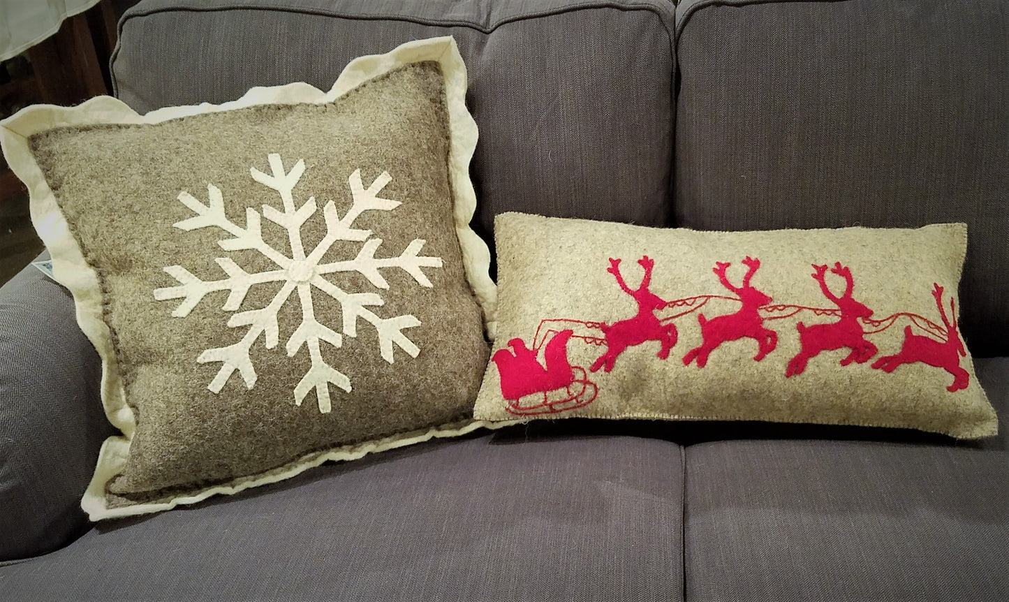 Handmade Christmas Pillow Hand Felted Wool - Big Snowflake Gray - 20" Arcadia Home