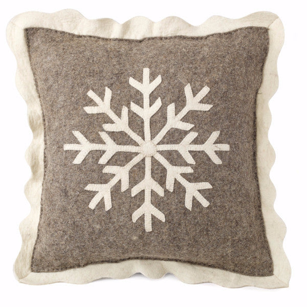Handmade Christmas Pillow Hand Felted Wool - Big Snowflake Gray - 20" Arcadia Home