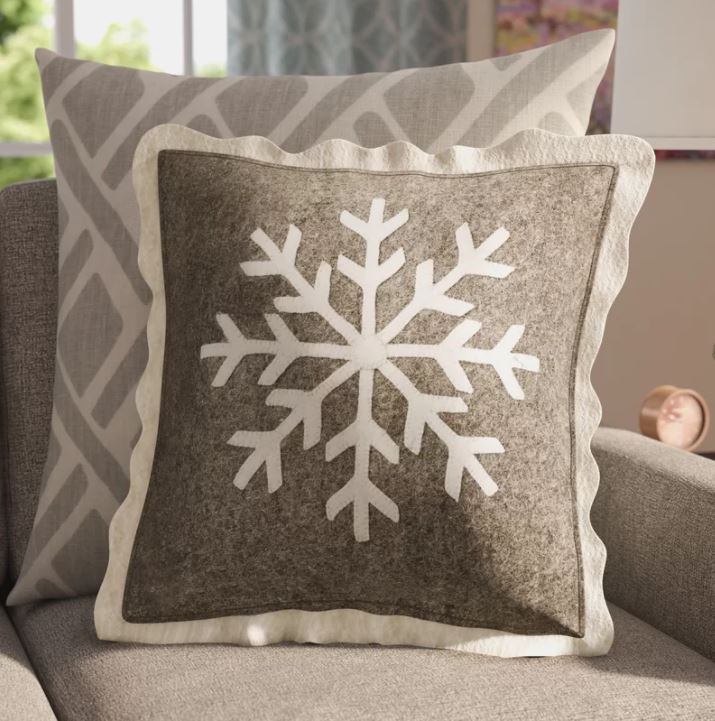 Handmade Christmas Pillow Hand Felted Wool - Big Snowflake Gray - 20" Arcadia Home