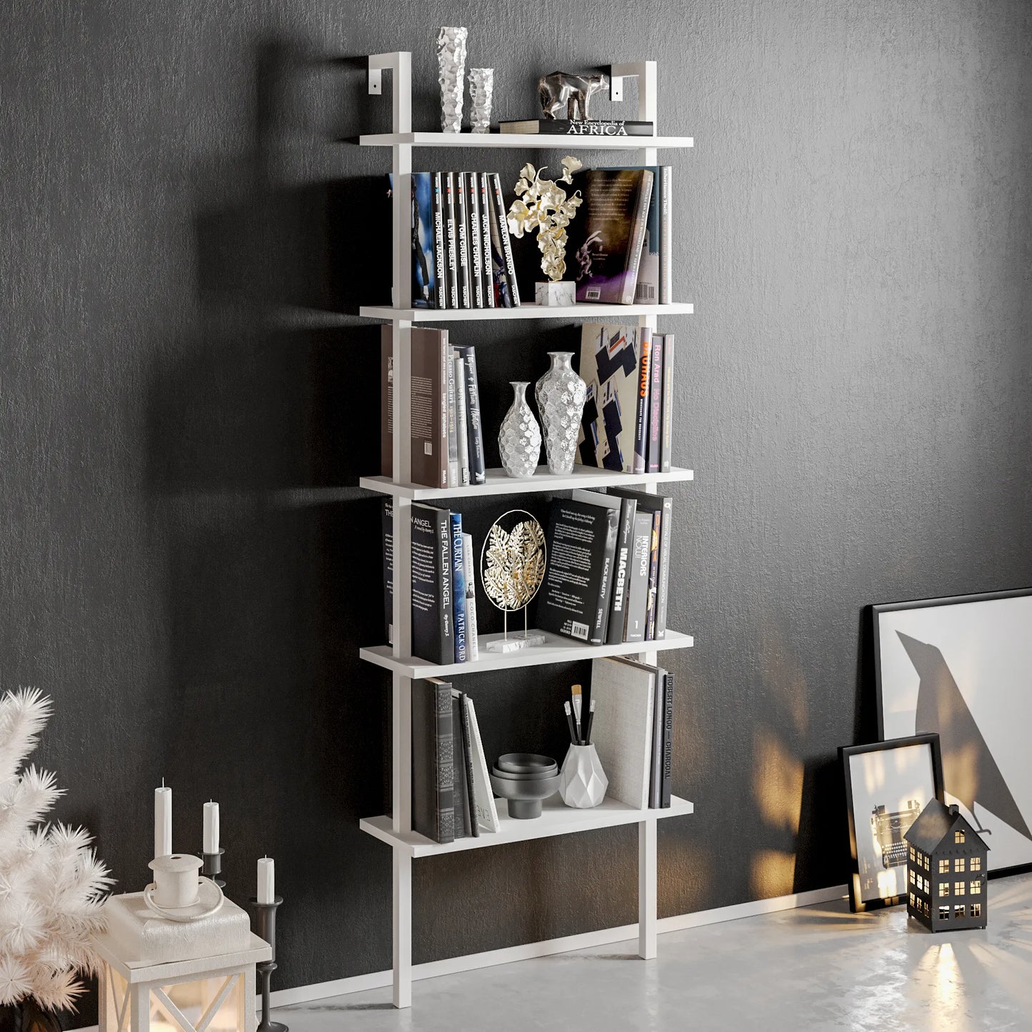 Piante 68 inches Tall Metal Manufactured Wood Accent Ladder Bookcase