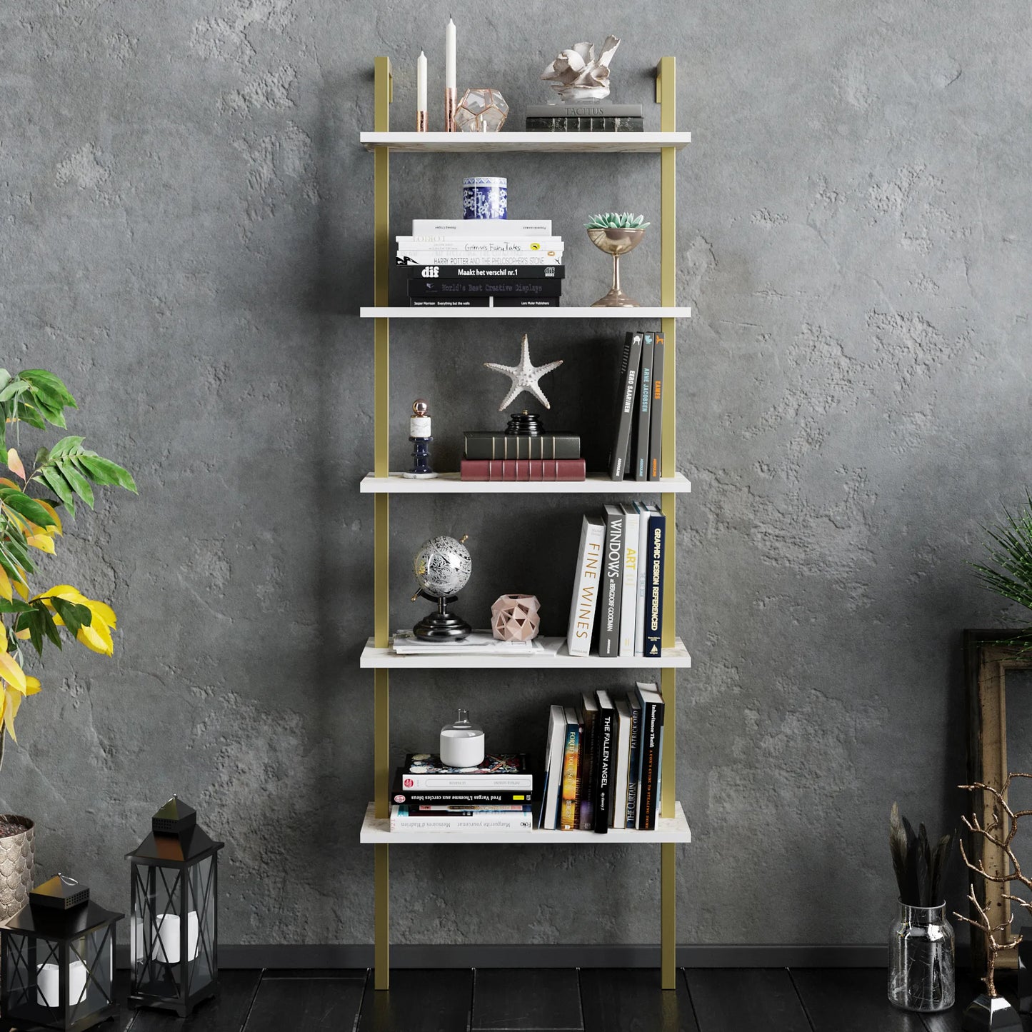 Piante 68 inches Tall Metal Manufactured Wood Accent Ladder Bookcase
