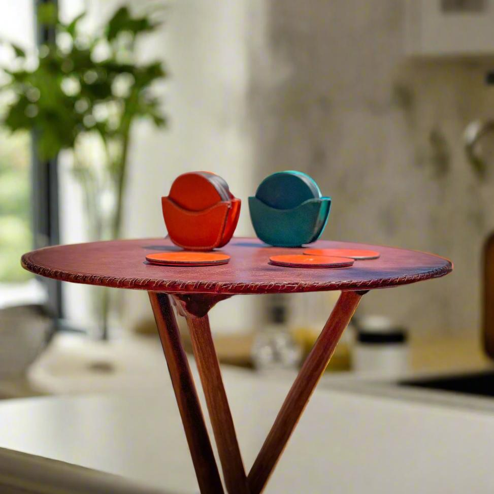 Cartas | Leather Picnic Table with Wooden Legs