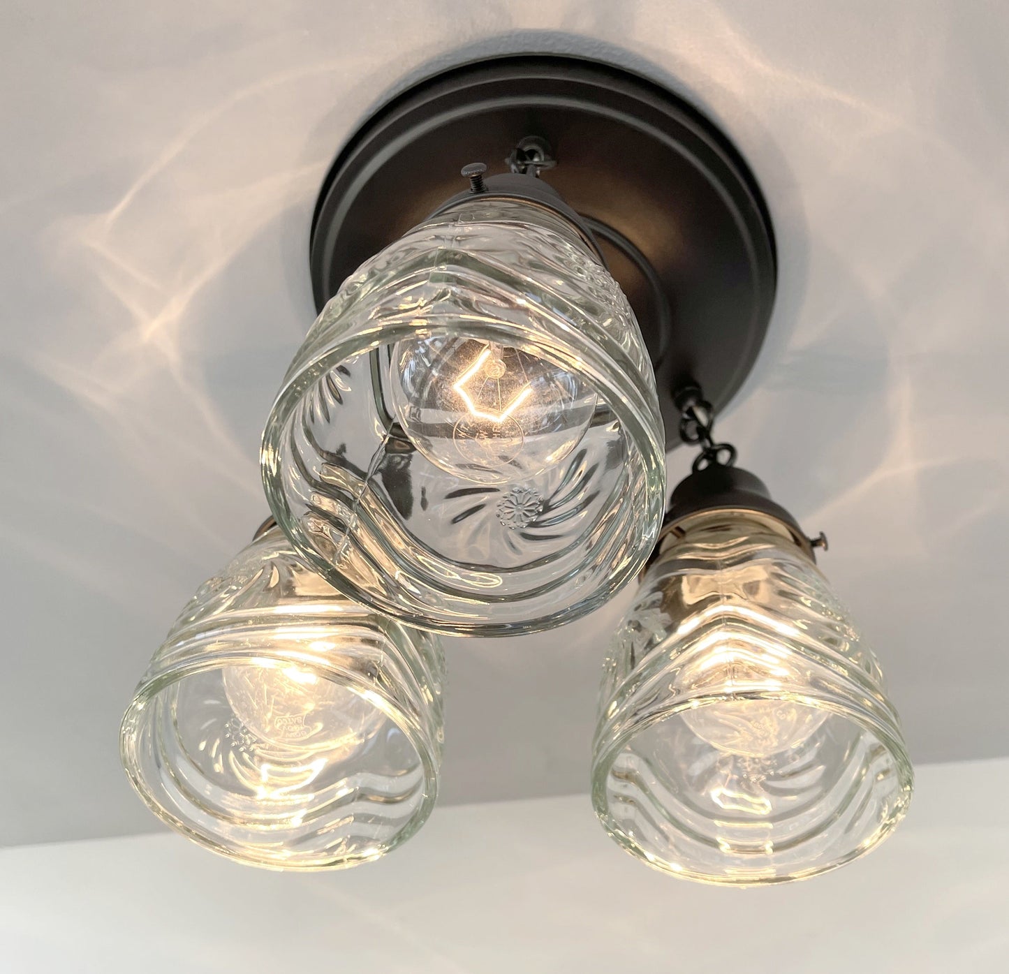 Pressed 1960's Glass Ceiling Light diamond Chain Trio