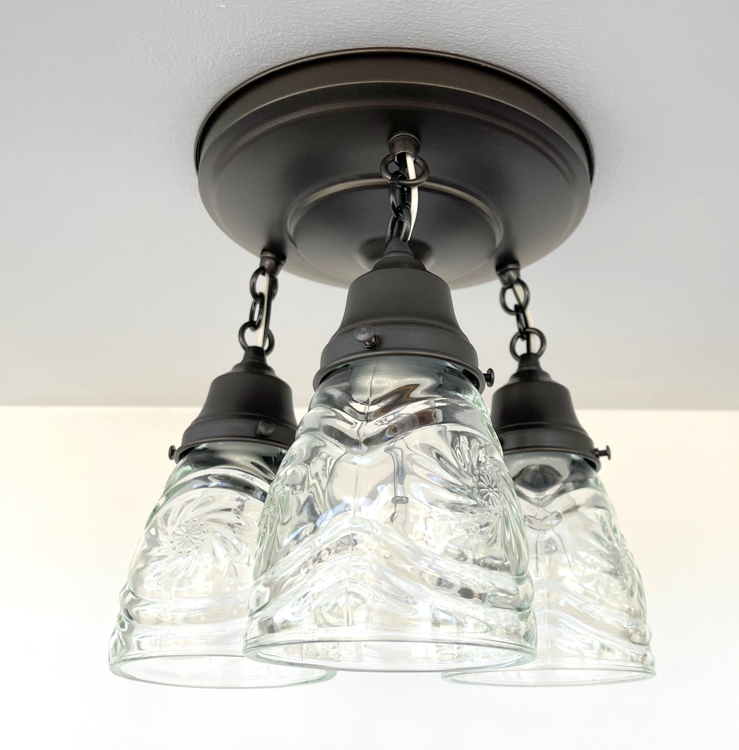 Pressed 1960's Glass Ceiling Light diamond Chain Trio