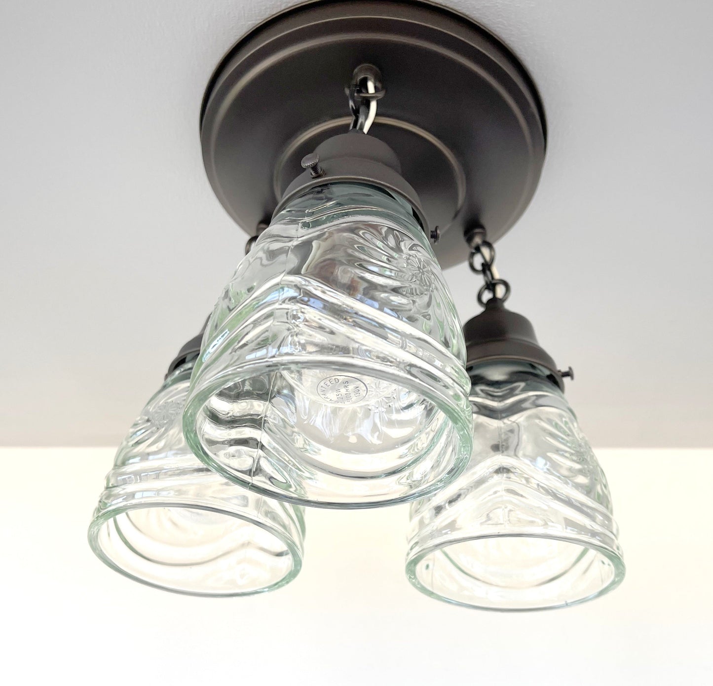 Pressed 1960's Glass Ceiling Light diamond Chain Trio