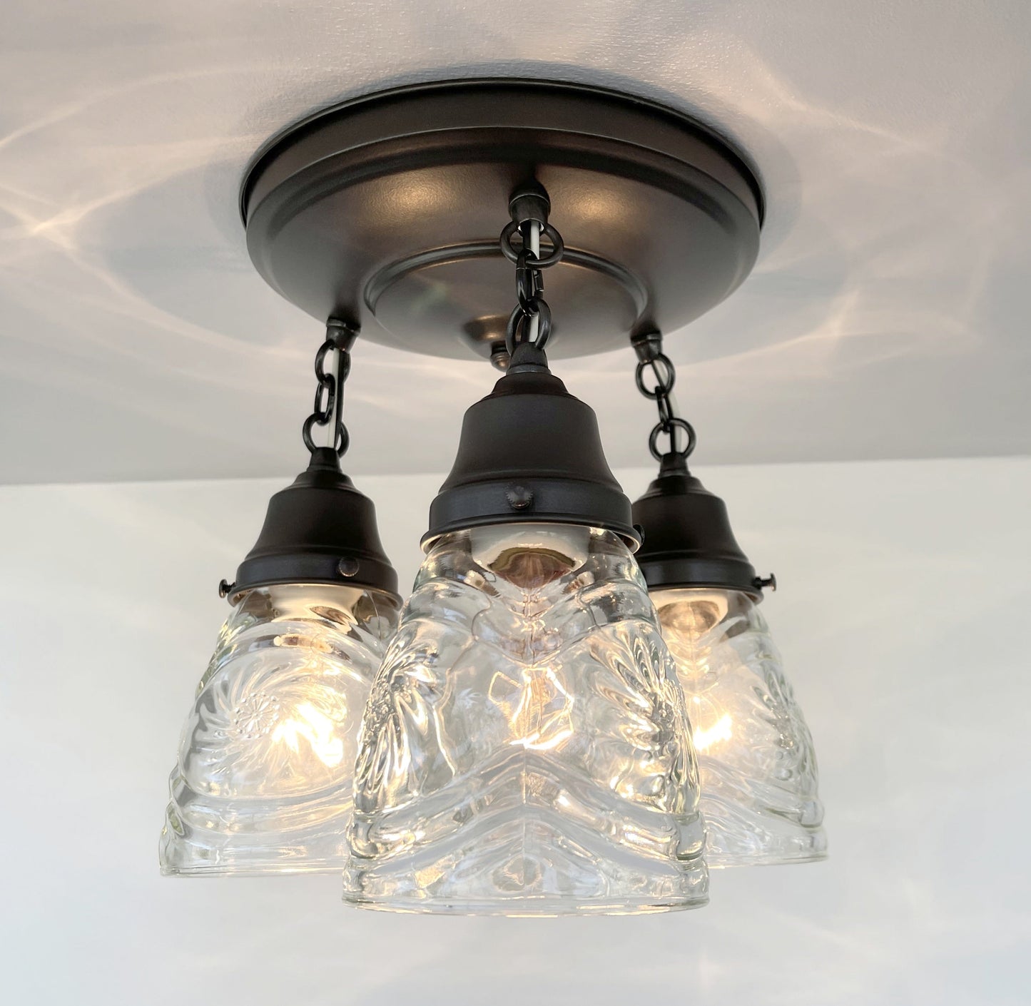 Pressed 1960's Glass Ceiling Light diamond Chain Trio