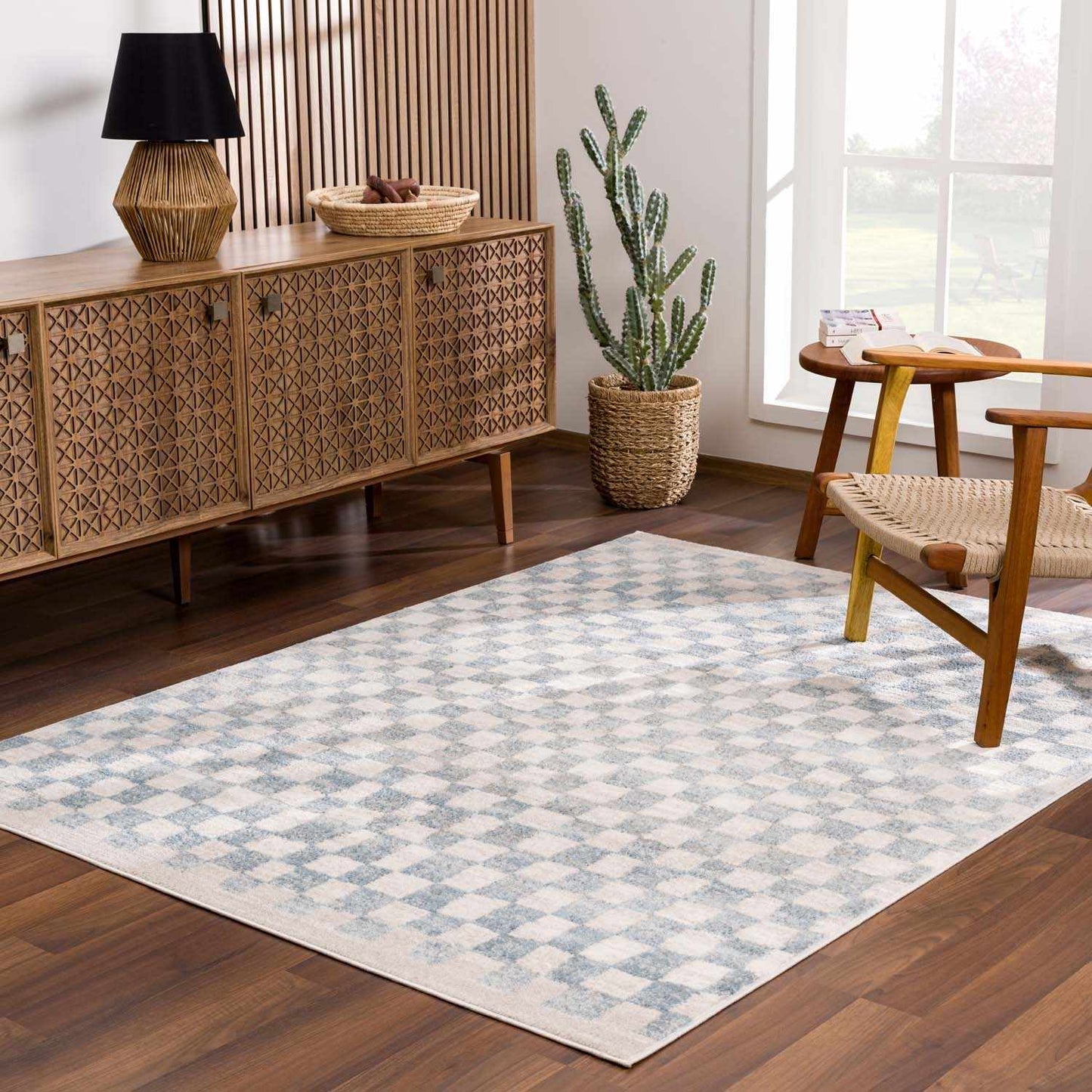 Benjy Cream & Light Blue Checkered Area Rug