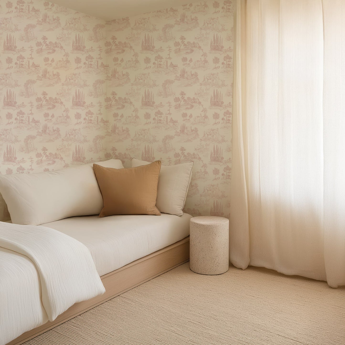 Pastoral Romance - Pale Pink Toile Landscape Wallpaper
