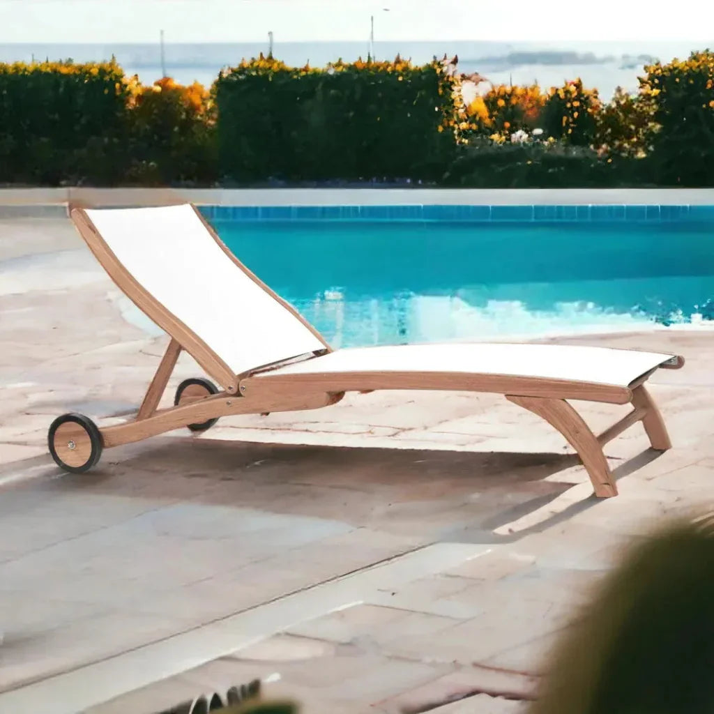 Pearl Teak Outdoor Reclining Chaise Lounger with Wheels