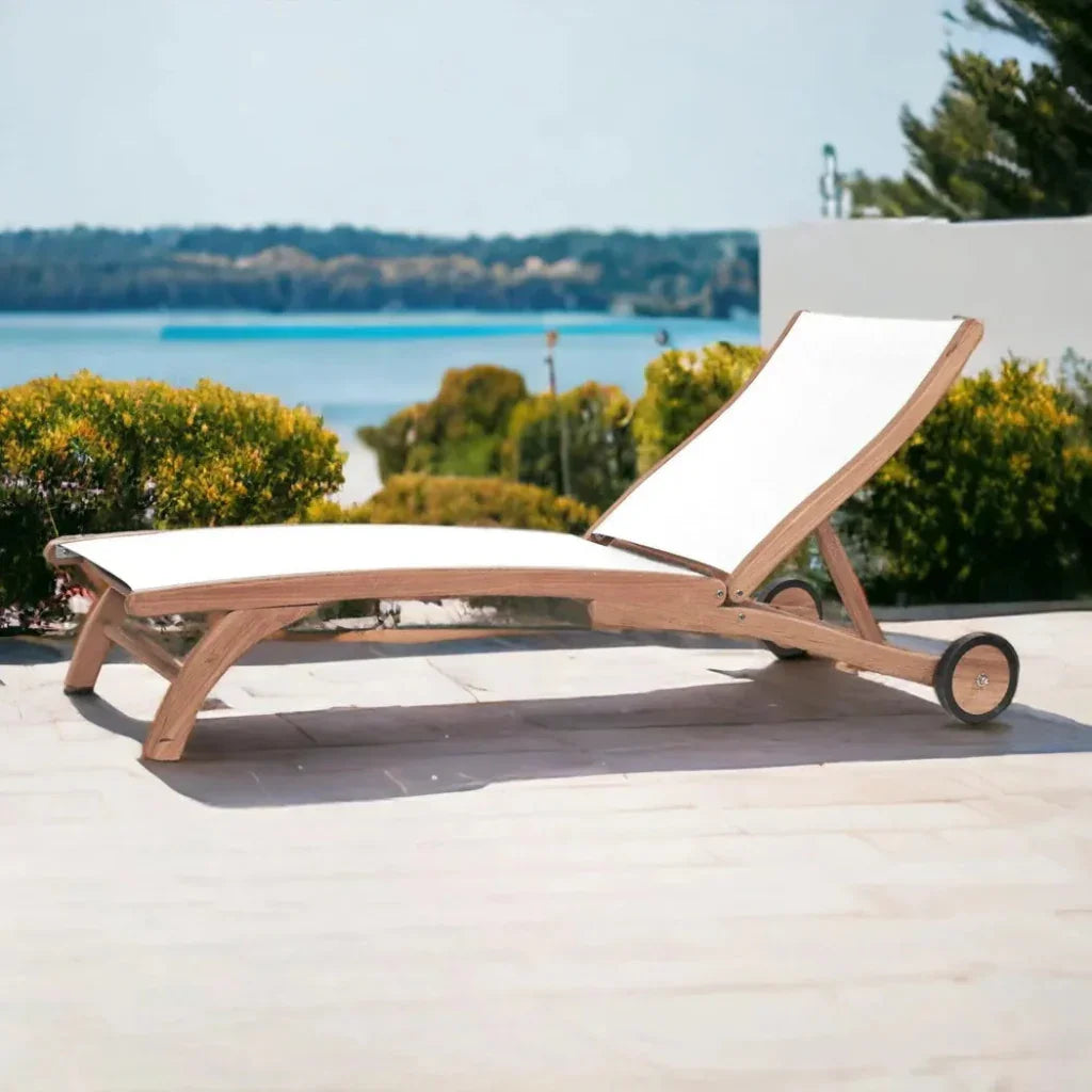 Pearl Teak Outdoor Reclining Chaise Lounger with Wheels
