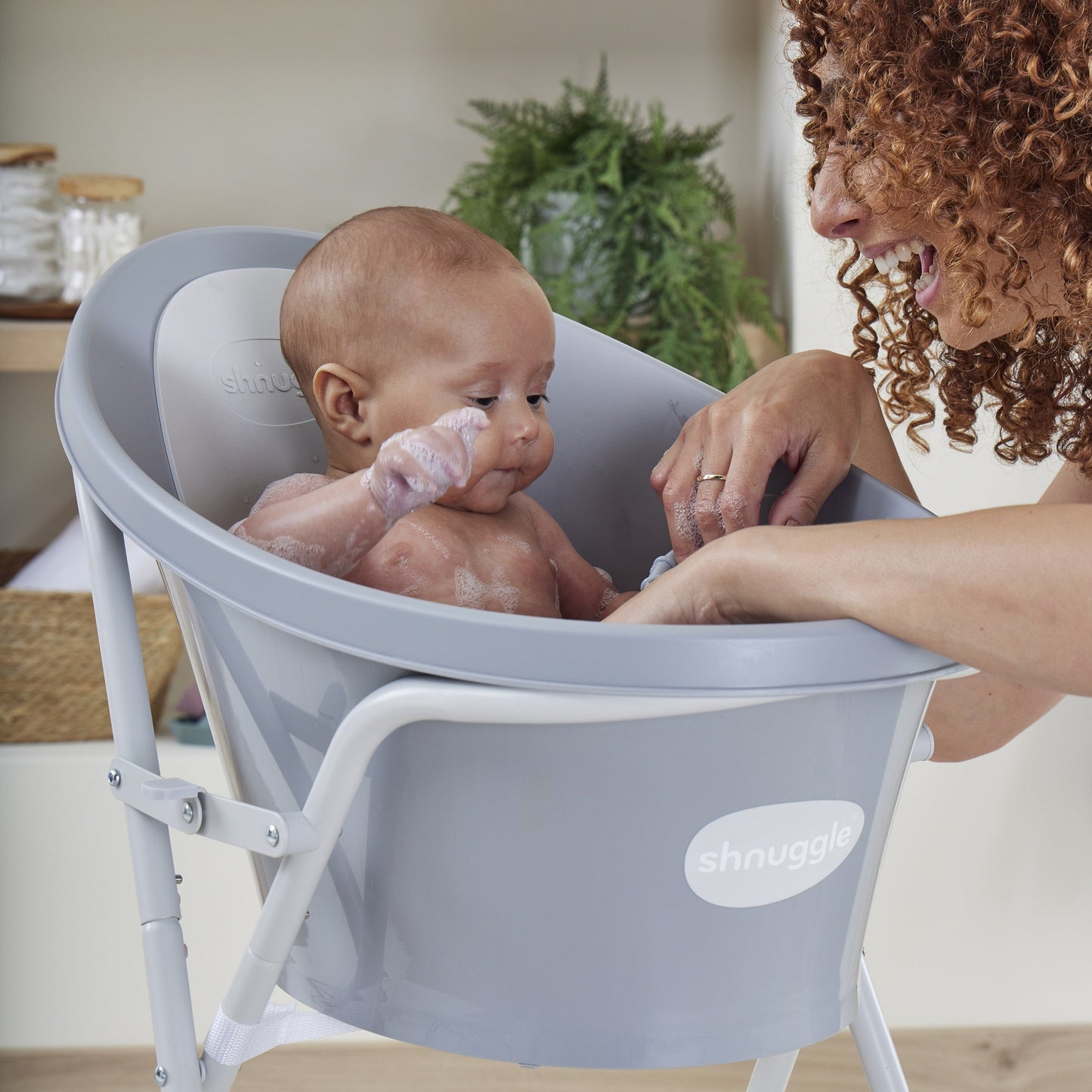 Baby Bathtime Essentials Bundle | Newborn Baby Bath with Support, Rinse Jug, and Ellie Bath Toy Scoop - Taupe
