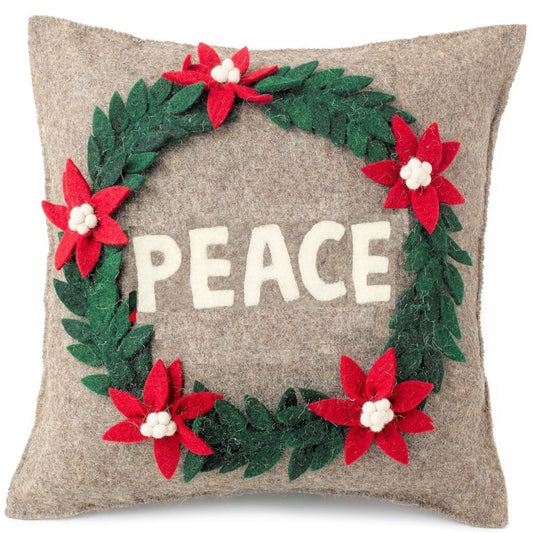 Hand Felted Wool Christmas Pillow - PEACE Wreath Natural Gray - 20" Arcadia Home