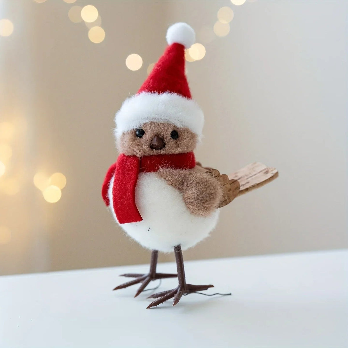 Plush Bird Christmas Ornament with Red Santa Hat & White Plumage