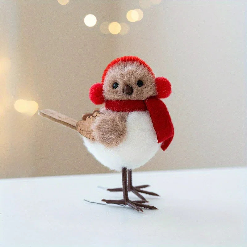 Plush Bird Christmas Ornament with Red Santa Hat & White Plumage