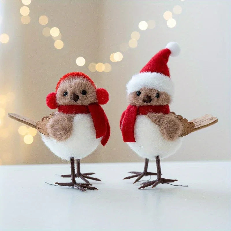 Plush Bird Christmas Ornament with Red Santa Hat & White Plumage