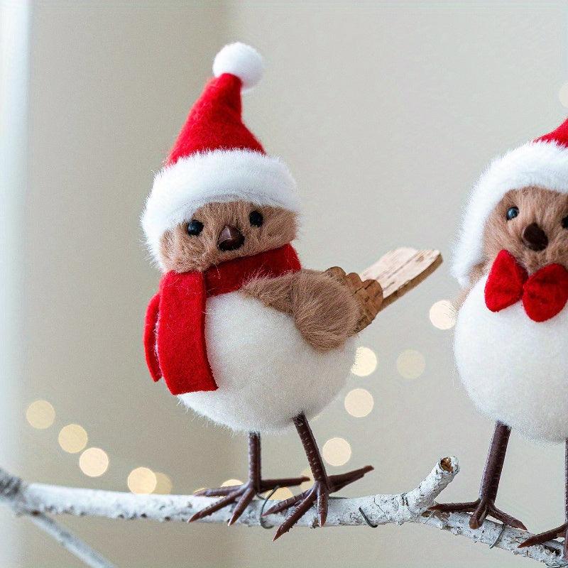 Plush Bird Christmas Ornament with Red Santa Hat & White Plumage
