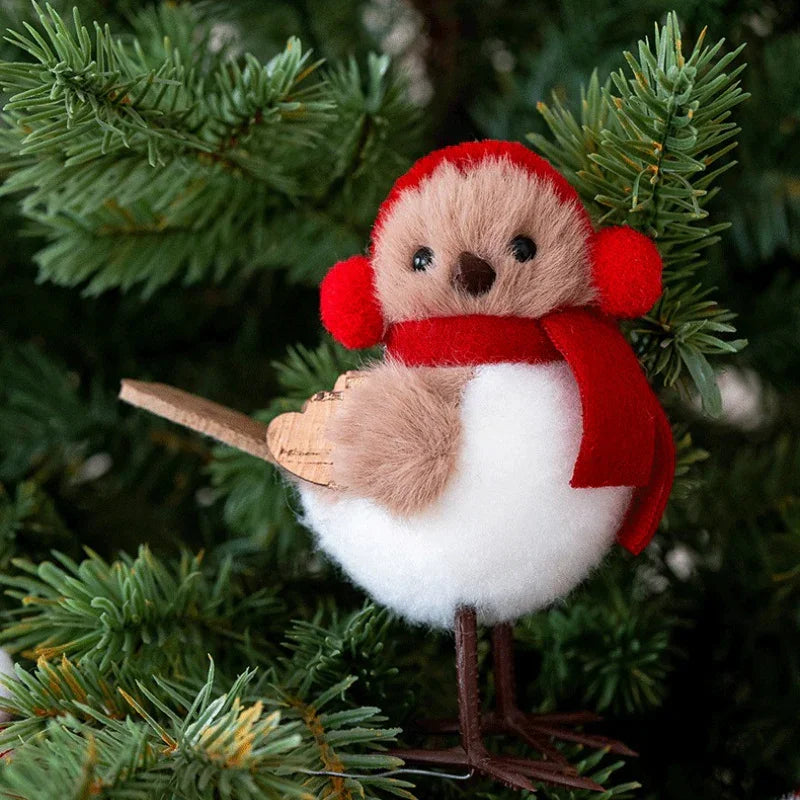 Plush Bird Christmas Ornament with Red Santa Hat & White Plumage