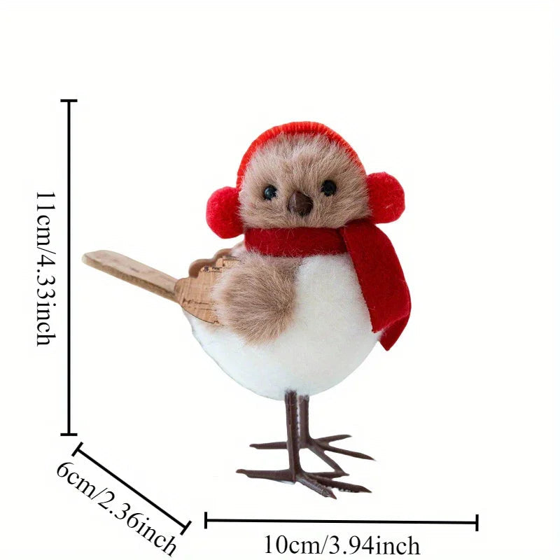 Plush Bird Christmas Ornament with Red Santa Hat & White Plumage