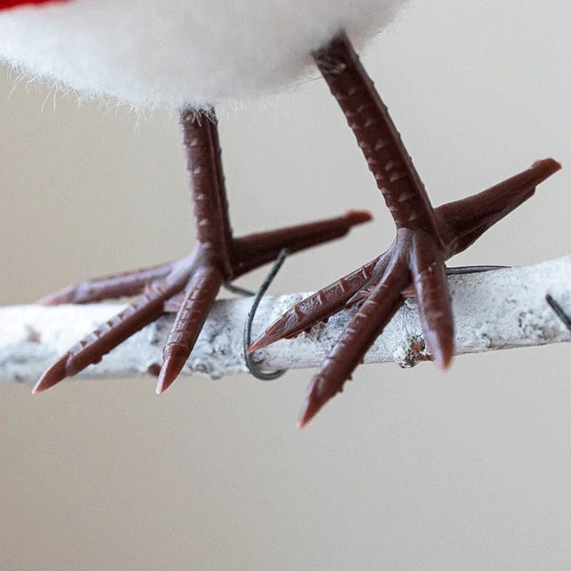 Plush Bird Christmas Ornament with Red Santa Hat & White Plumage