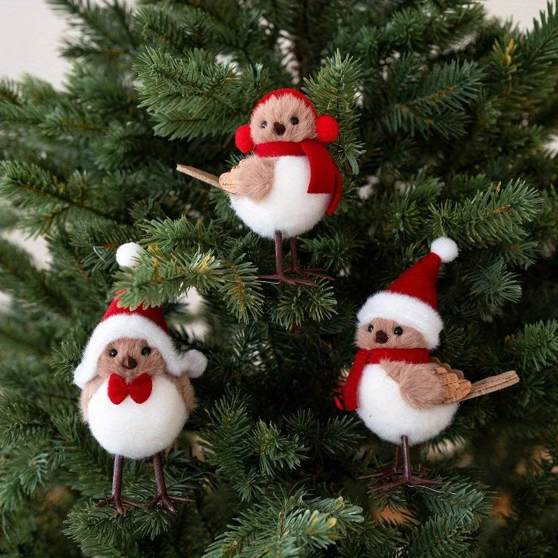 Plush Bird Christmas Ornament with Red Santa Hat & White Plumage