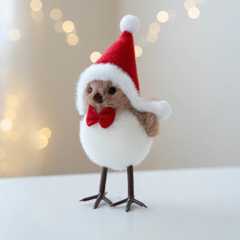 Plush Bird Christmas Ornament with Red Santa Hat & White Plumage
