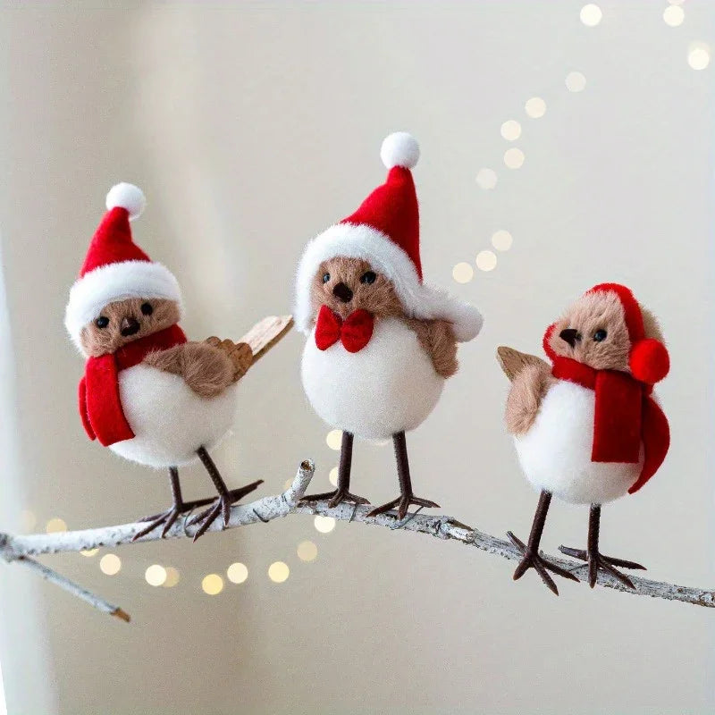 Plush Bird Christmas Ornament with Red Santa Hat & White Plumage