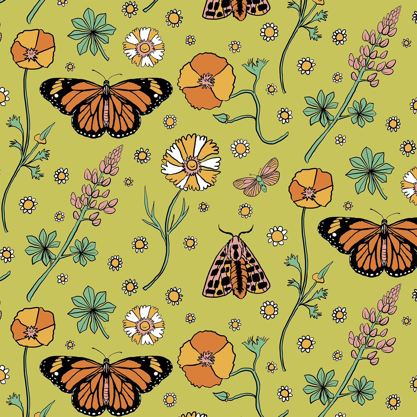 Poppy Please Wallpaper, chartreuse & black