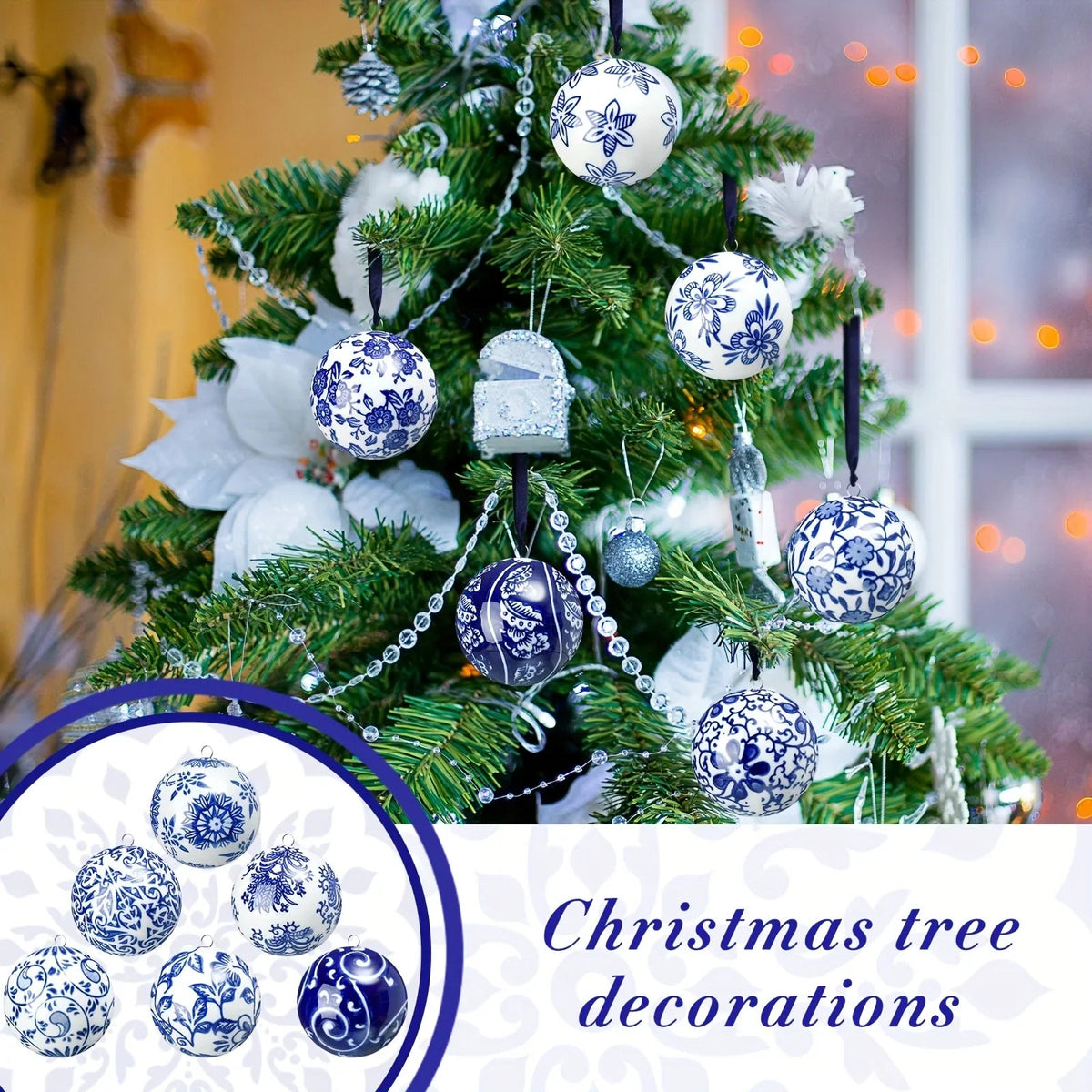 Porcelain Christmas Decor Set of 12 Blue and White Ornaments