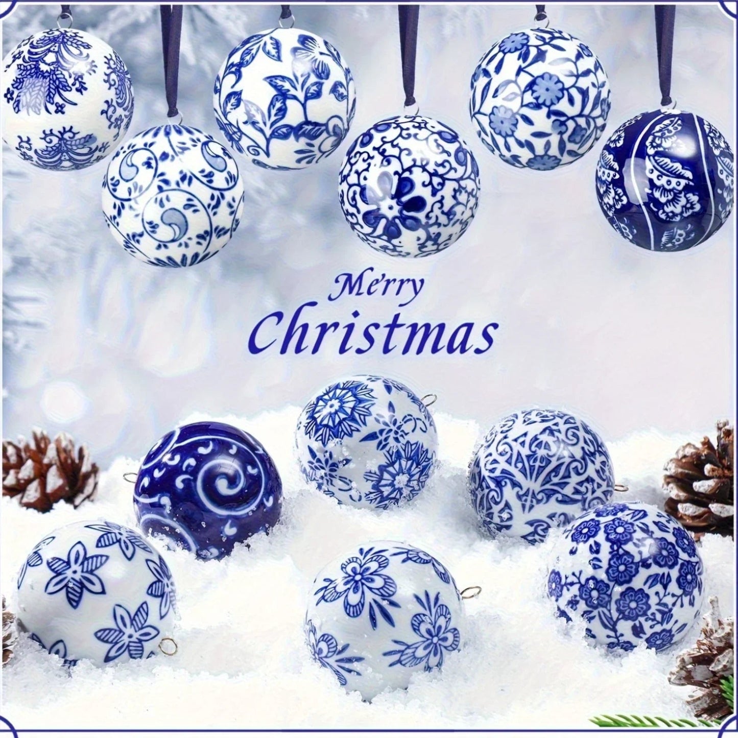 Porcelain Christmas Decor Set of 12 Blue and White Ornaments