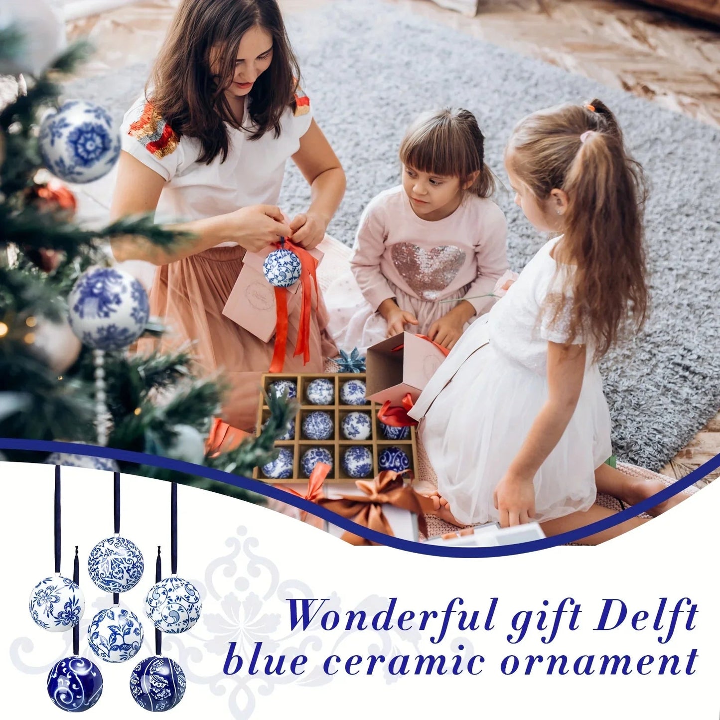 Porcelain Christmas Decor Set of 12 Blue and White Ornaments