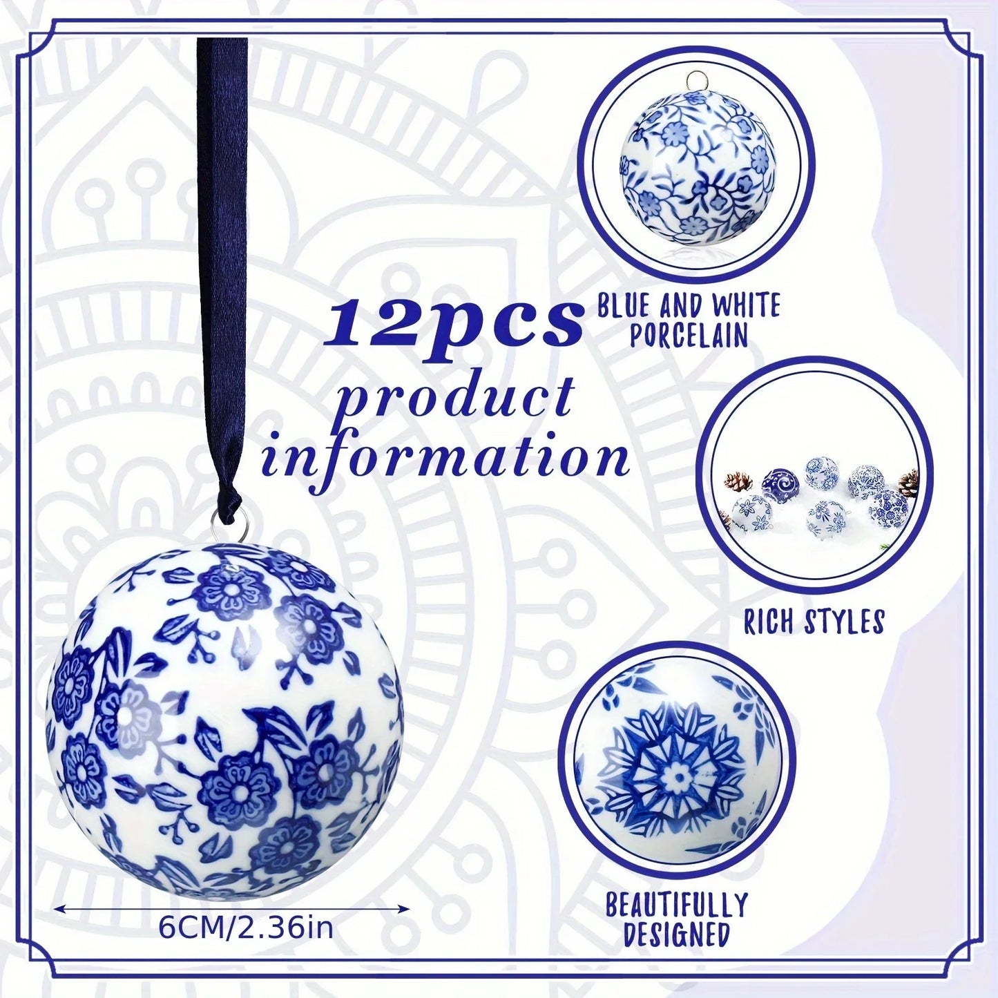 Porcelain Christmas Decor Set of 12 Blue and White Ornaments