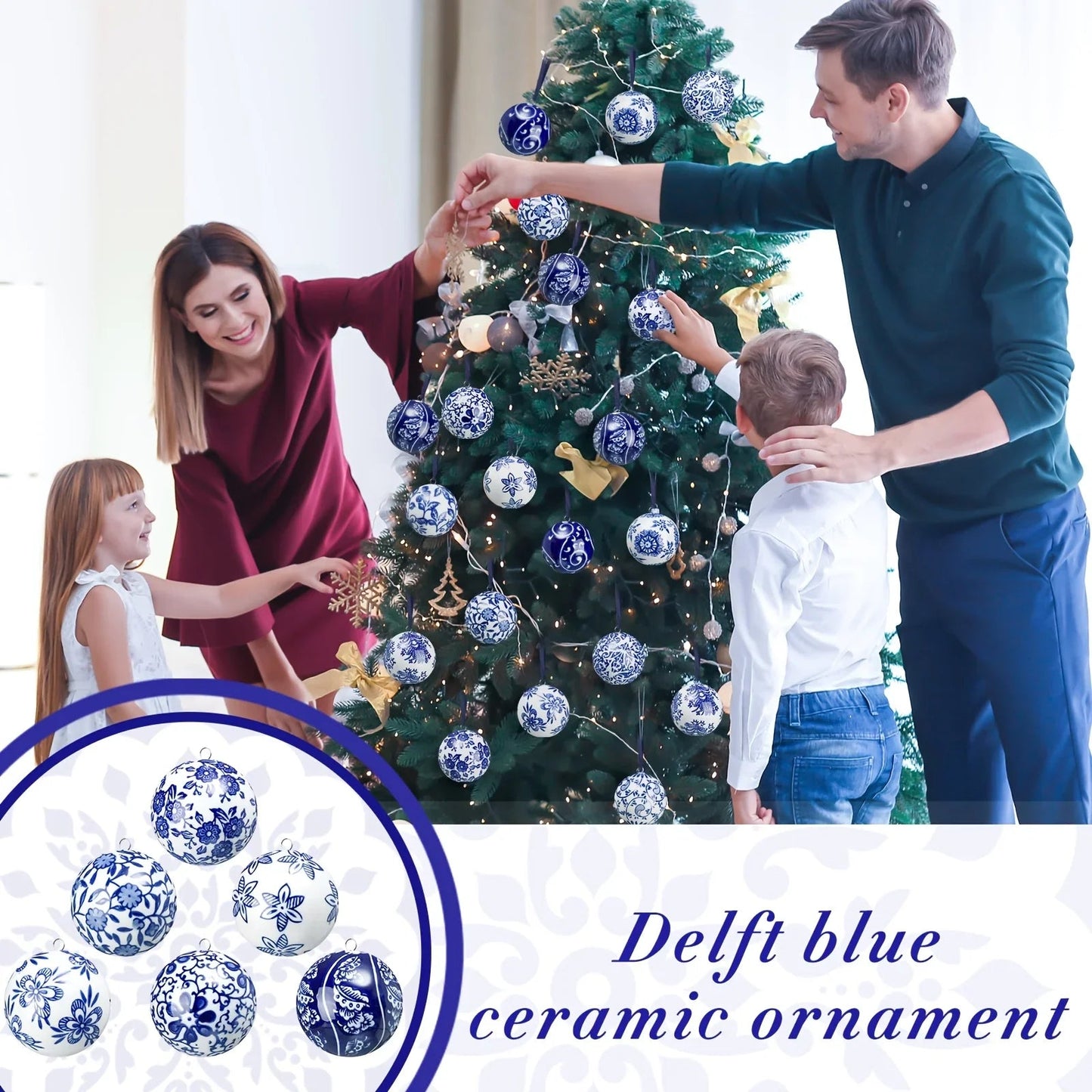 Porcelain Christmas Decor Set of 12 Blue and White Ornaments