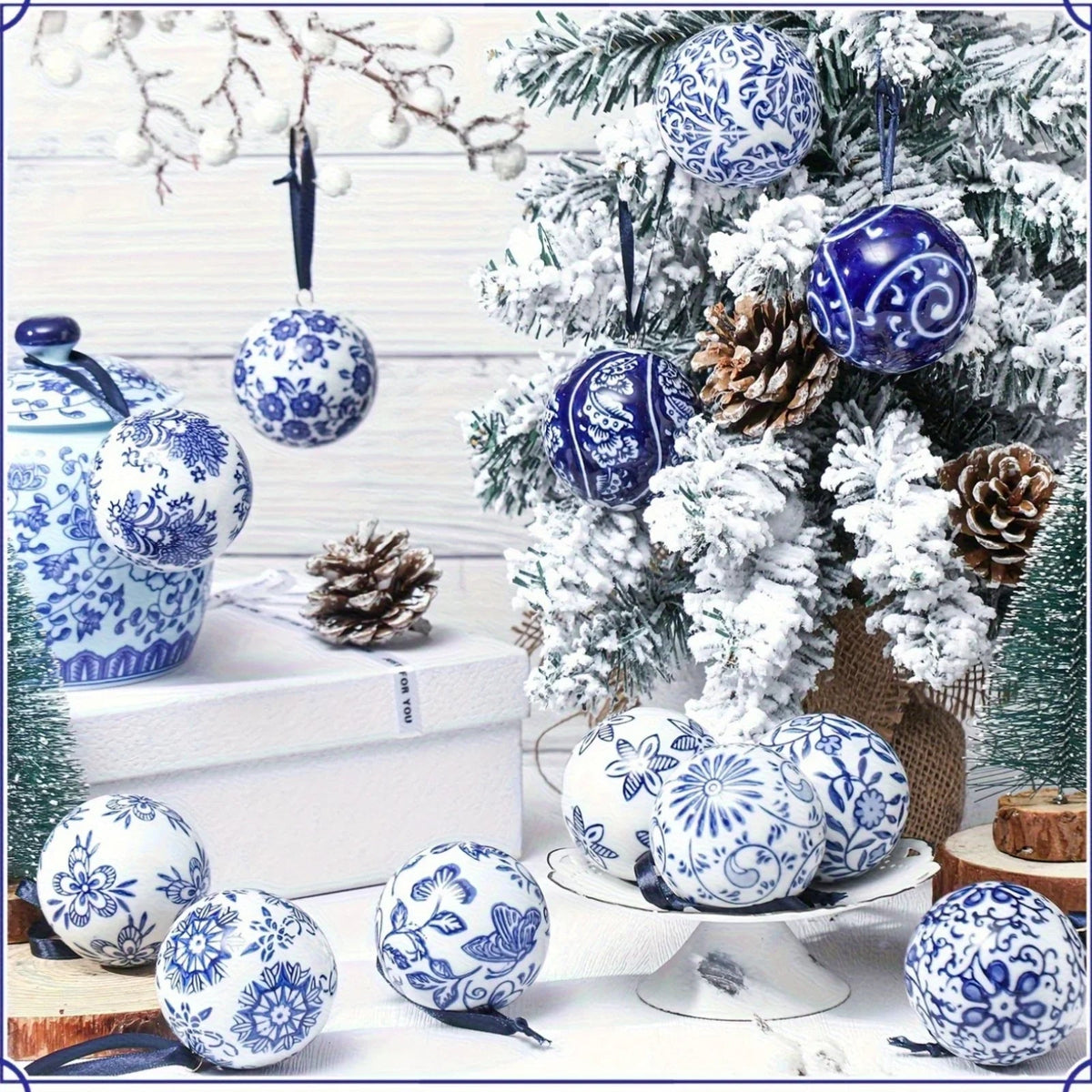Porcelain Christmas Decor Set of 12 Blue and White Ornaments