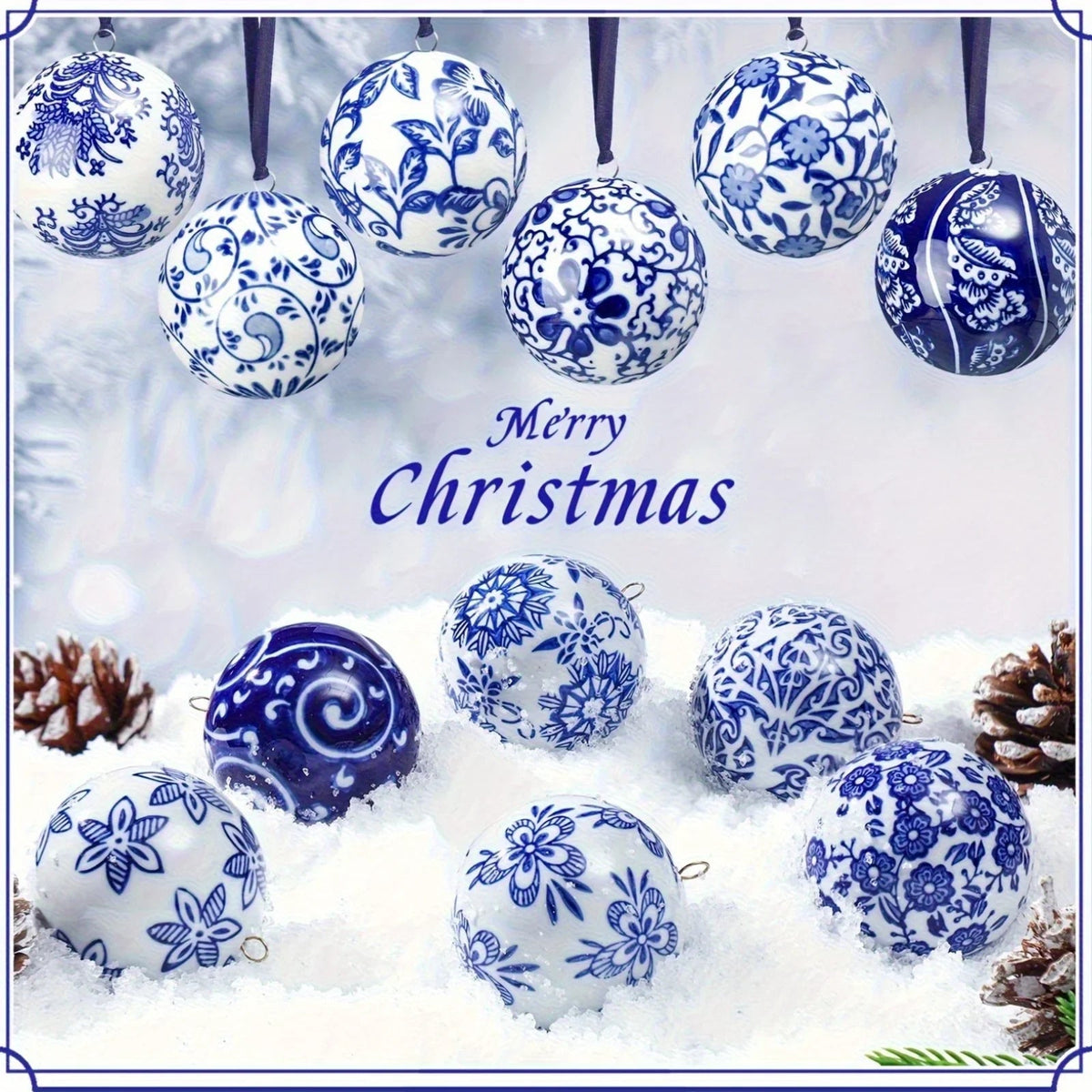Porcelain Christmas Decor Set of 12 Blue and White Ornaments