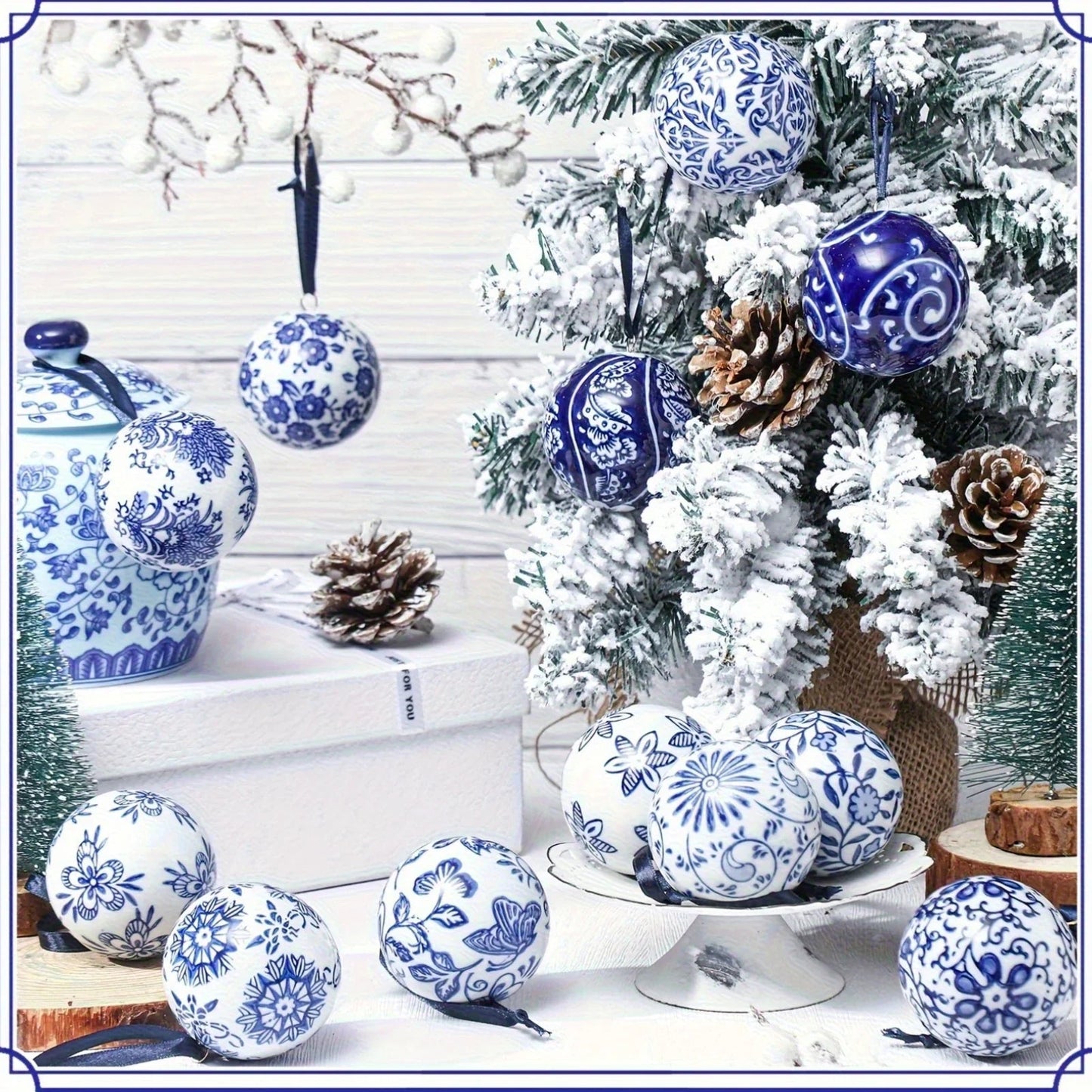 Porcelain Christmas Decor Set of 12 Blue and White Ornaments