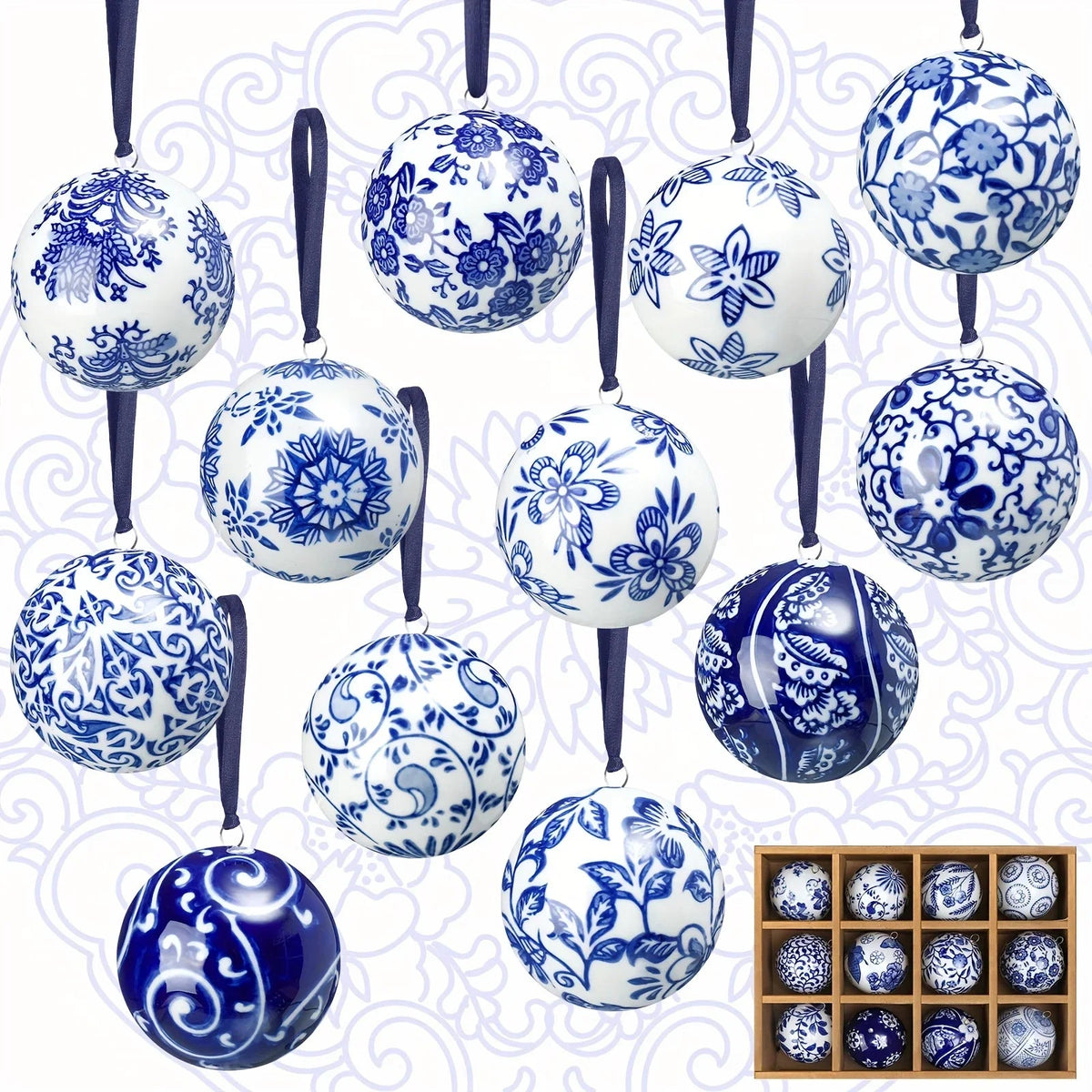 Porcelain Christmas Decor Set of 12 Blue and White Ornaments