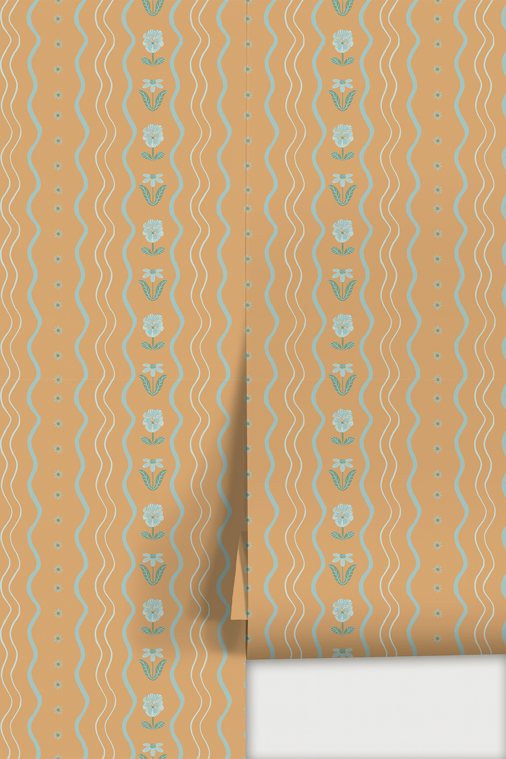Posy Lane Stripe Wallpaper, apricot and light blue