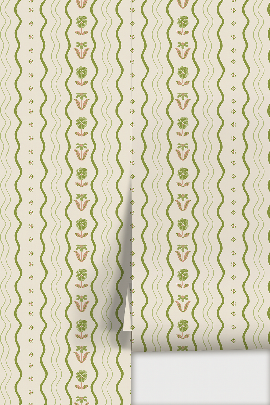 Posy Lane Stripe Wallpaper, beige and green