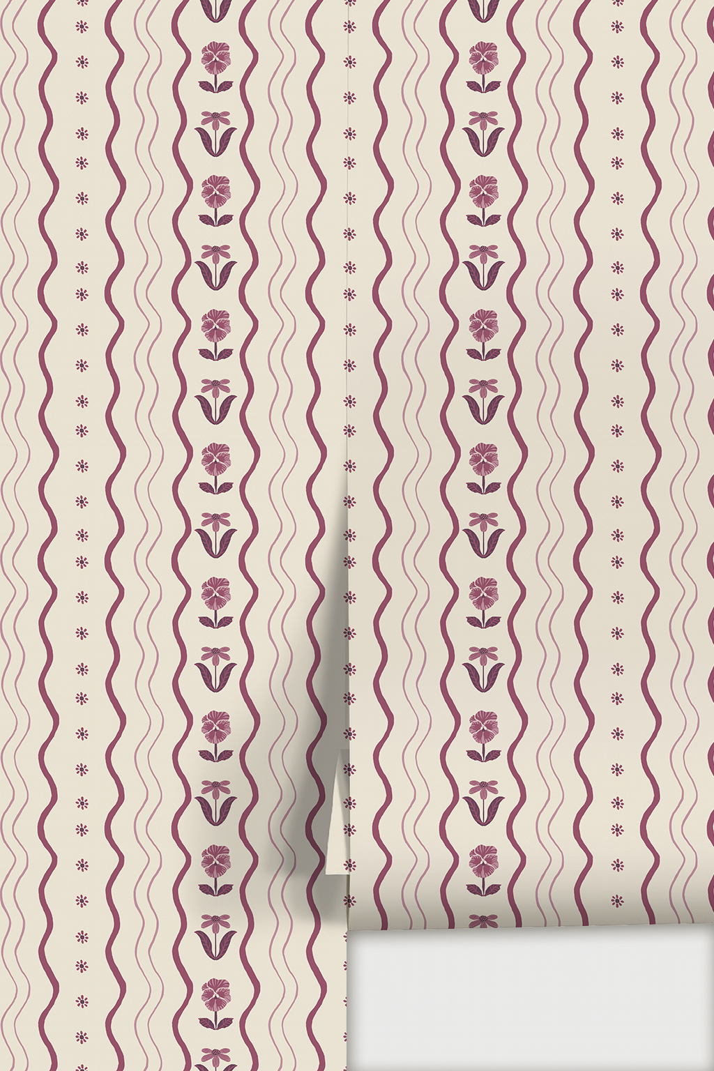 Posy Lane Stripe Wallpaper, beige and plum purple