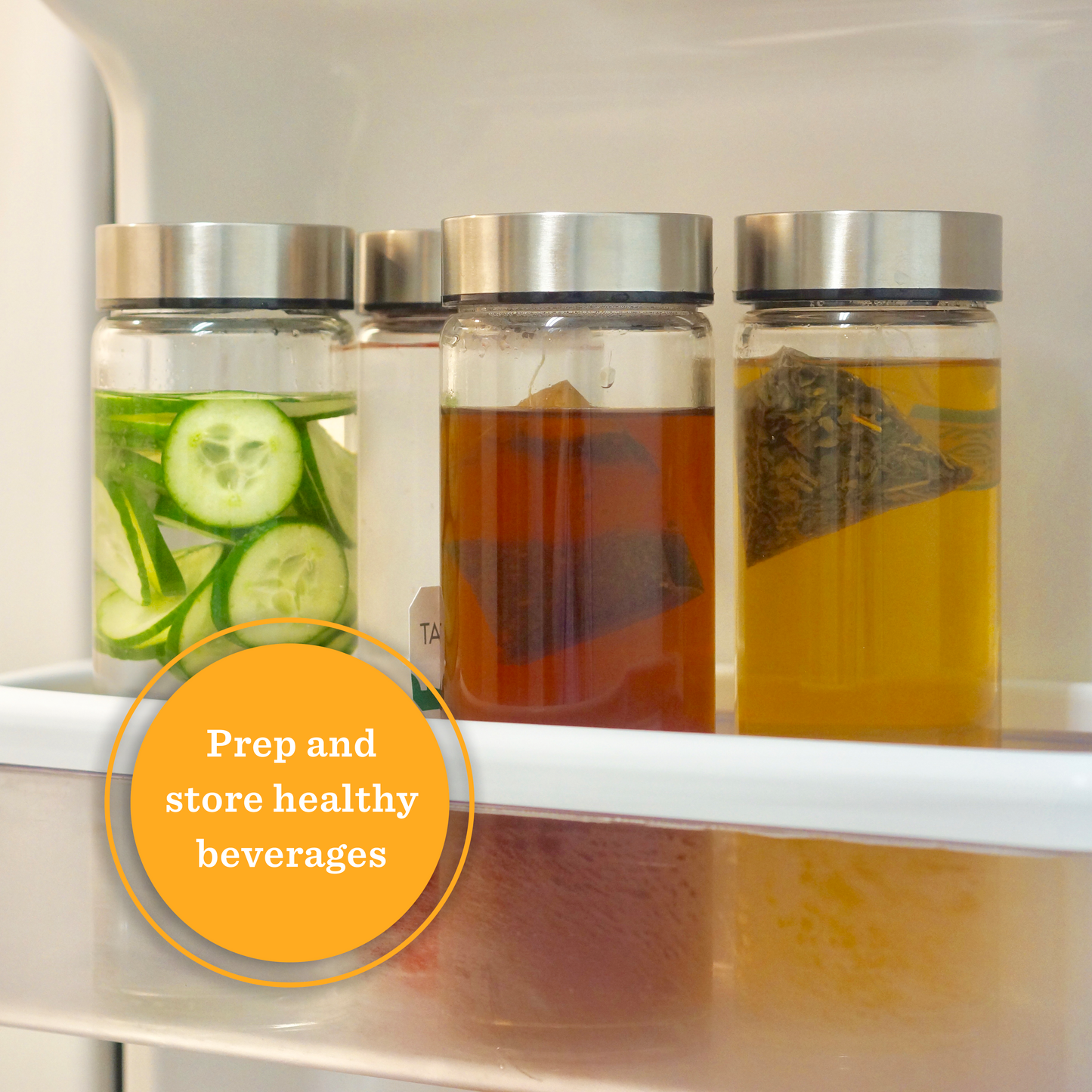 Skinny Series Wide Mouth Glass Bottles Set w/ Stainless Steel Lids, 16 oz