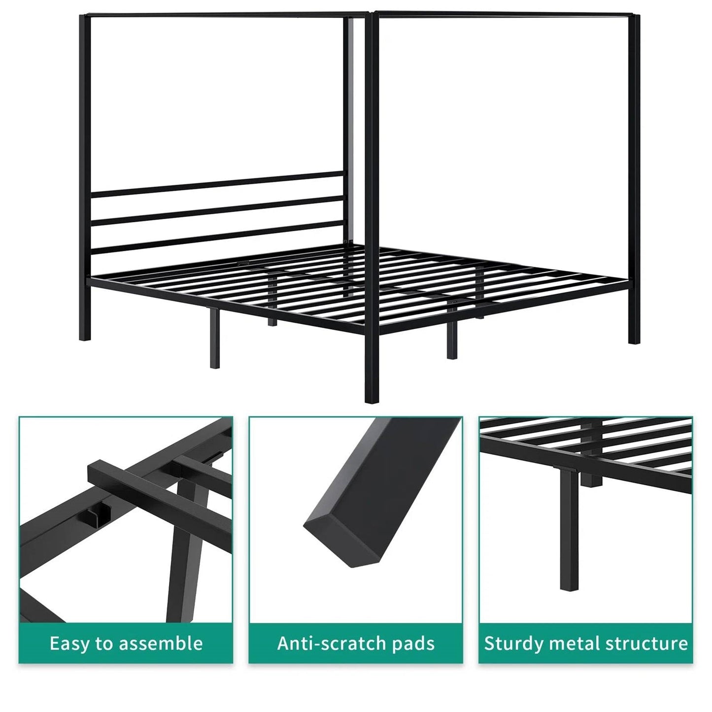 Black metal bed frame with features highlighted on a white background