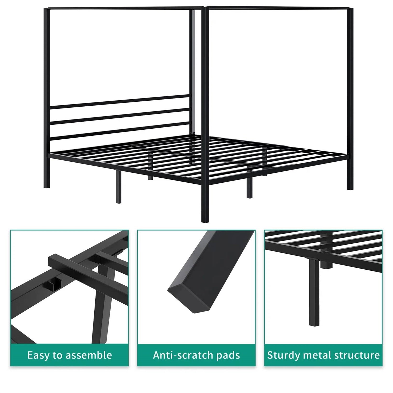 Black metal bed frame with features highlighted on a white background