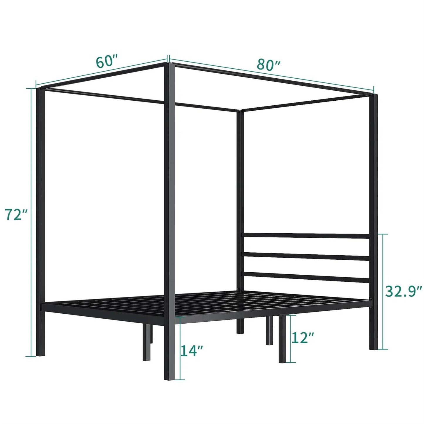 Black metal canopy bed frame with dimensions labeled on a white background