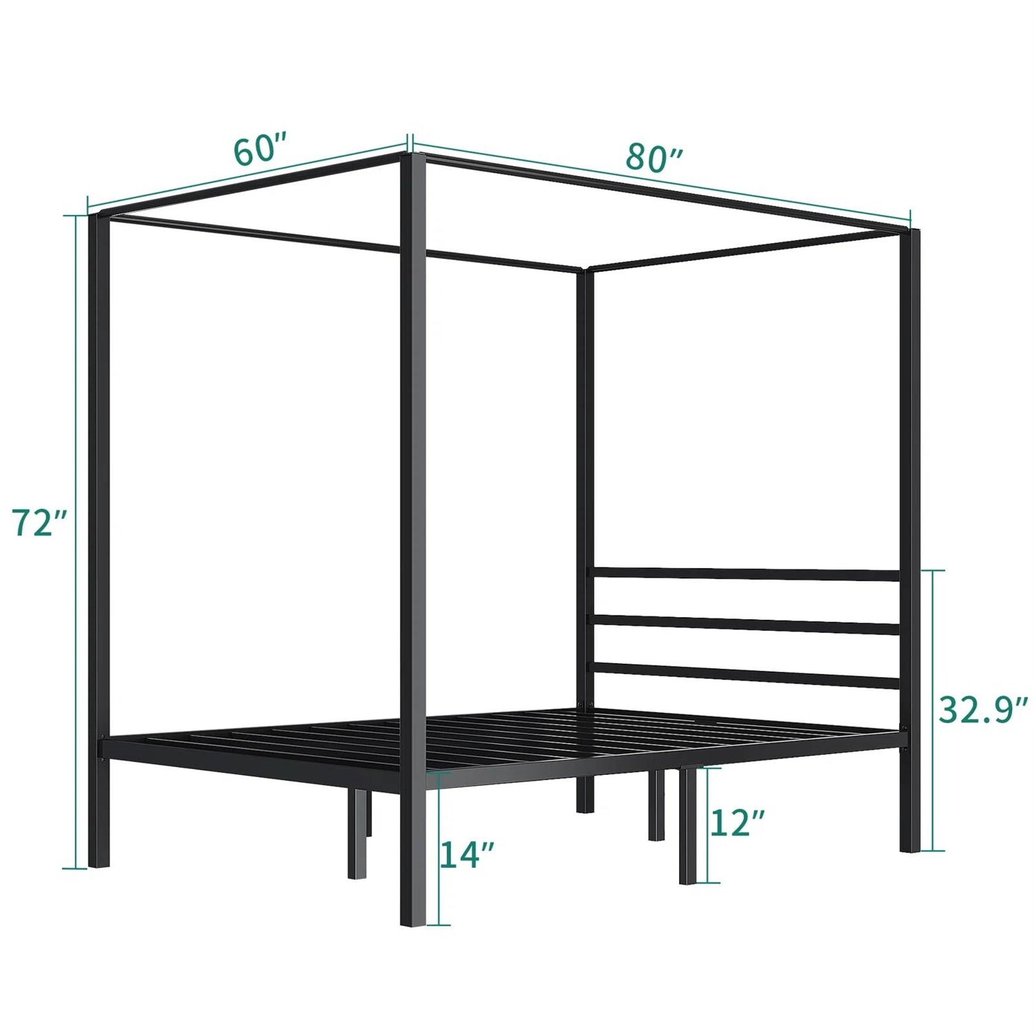 Black metal canopy bed frame with dimensions labeled on a white background