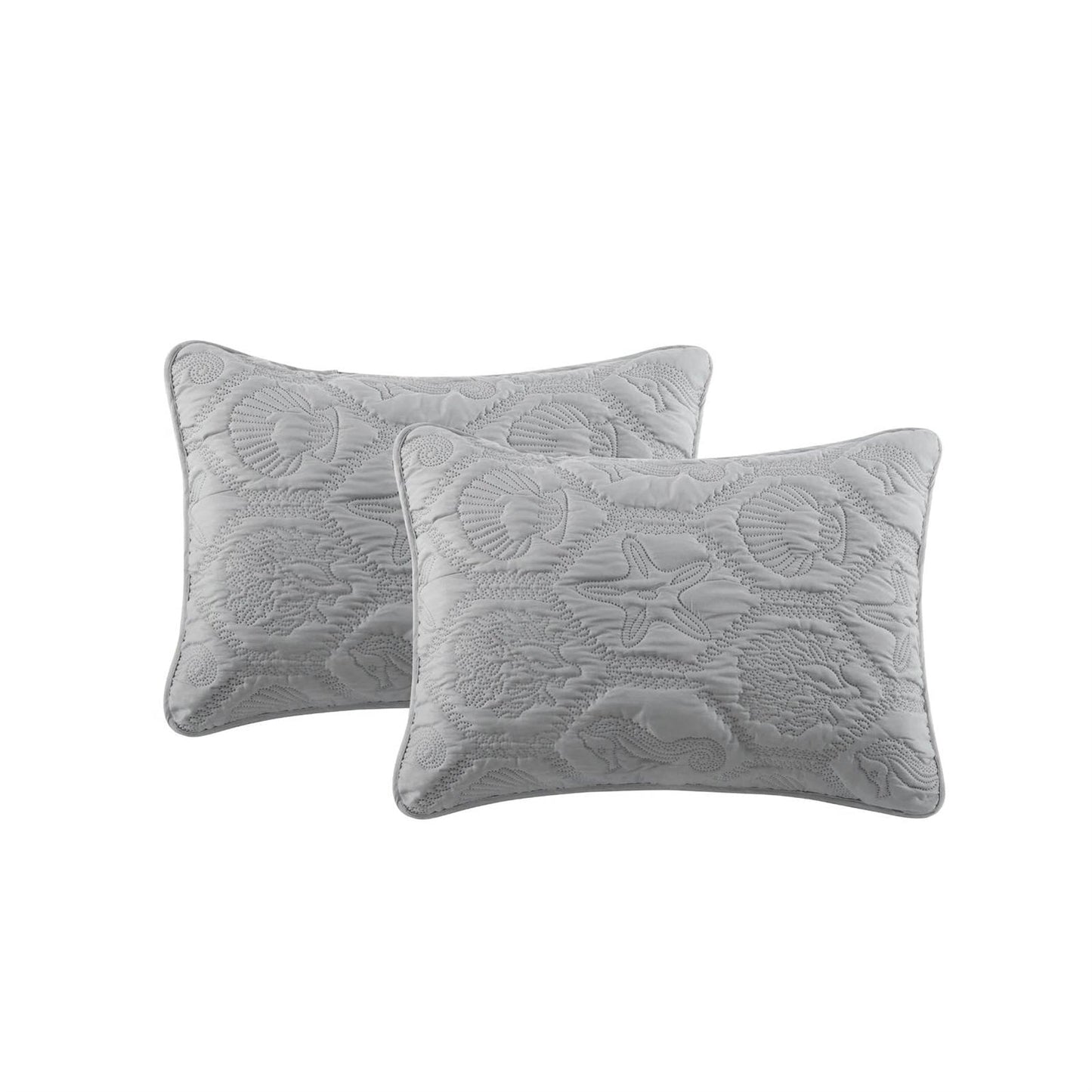 Queen Coastal Beach Embossed Starfish Seashell Seahorse Grey 3-Piece Quilt Set