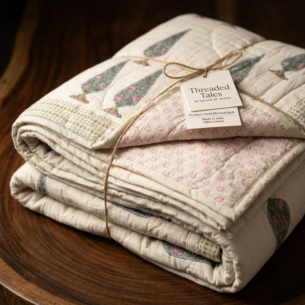 Flowering Garden Trees Hand Block Printed Sanganeri Quilted Comforter