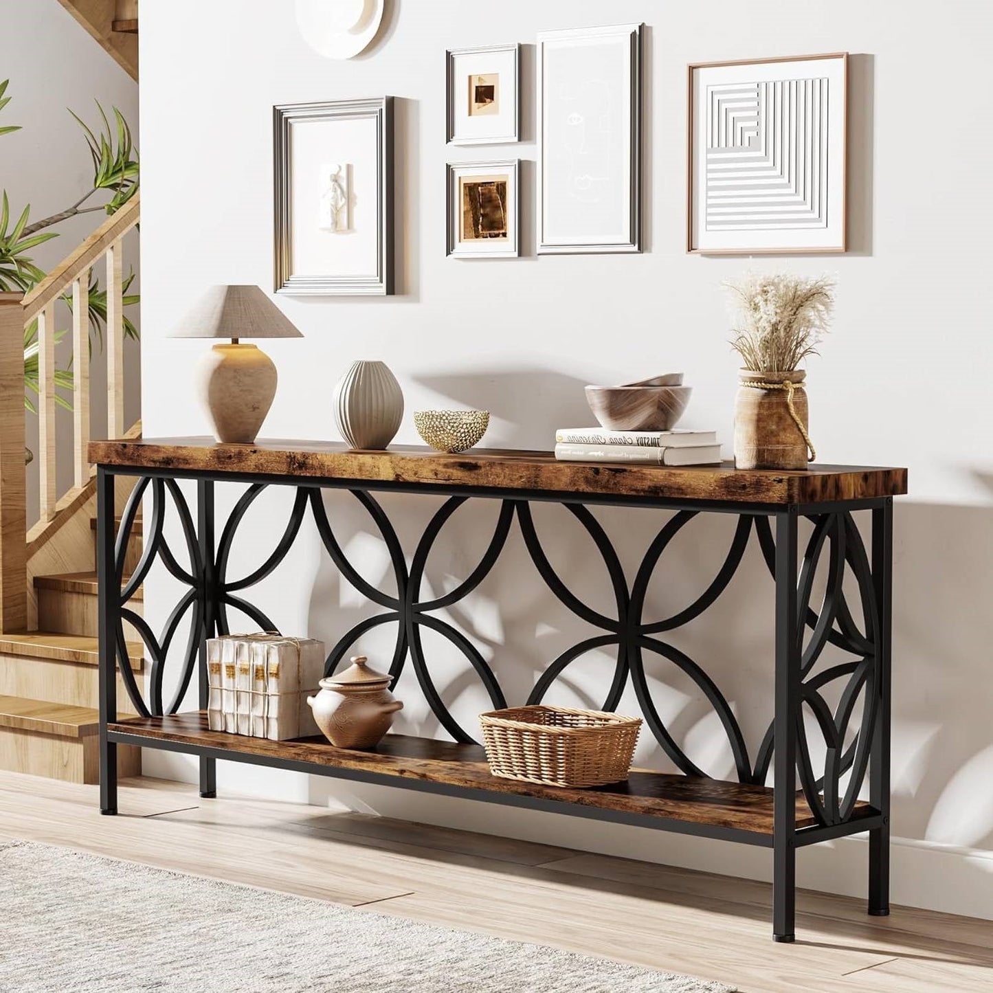 Modern 70-inch Long Narrow Console Sofa Table with Brown Wood Top and Shelf