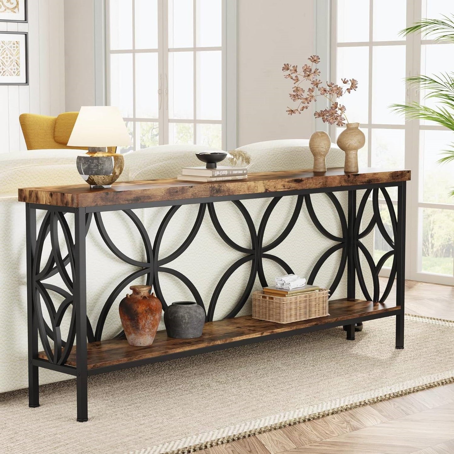 Modern 70-inch Long Narrow Console Sofa Table with Brown Wood Top and Shelf
