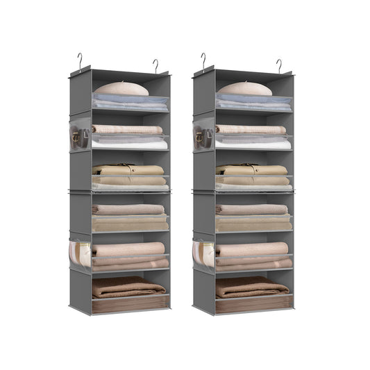 Set of 2 Hanging Closet Organizers, 6-Tier Fabric Storage Shelf, Separable Closet Hanging Shelf with Side Pockets, Foldable, Metal Hooks and Bamboo Inserts, Dove Gray